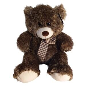 Burton & Burton Brown Fluffy Plush Stuffed Teddy Bear Plaid Bow 15" New with Tag